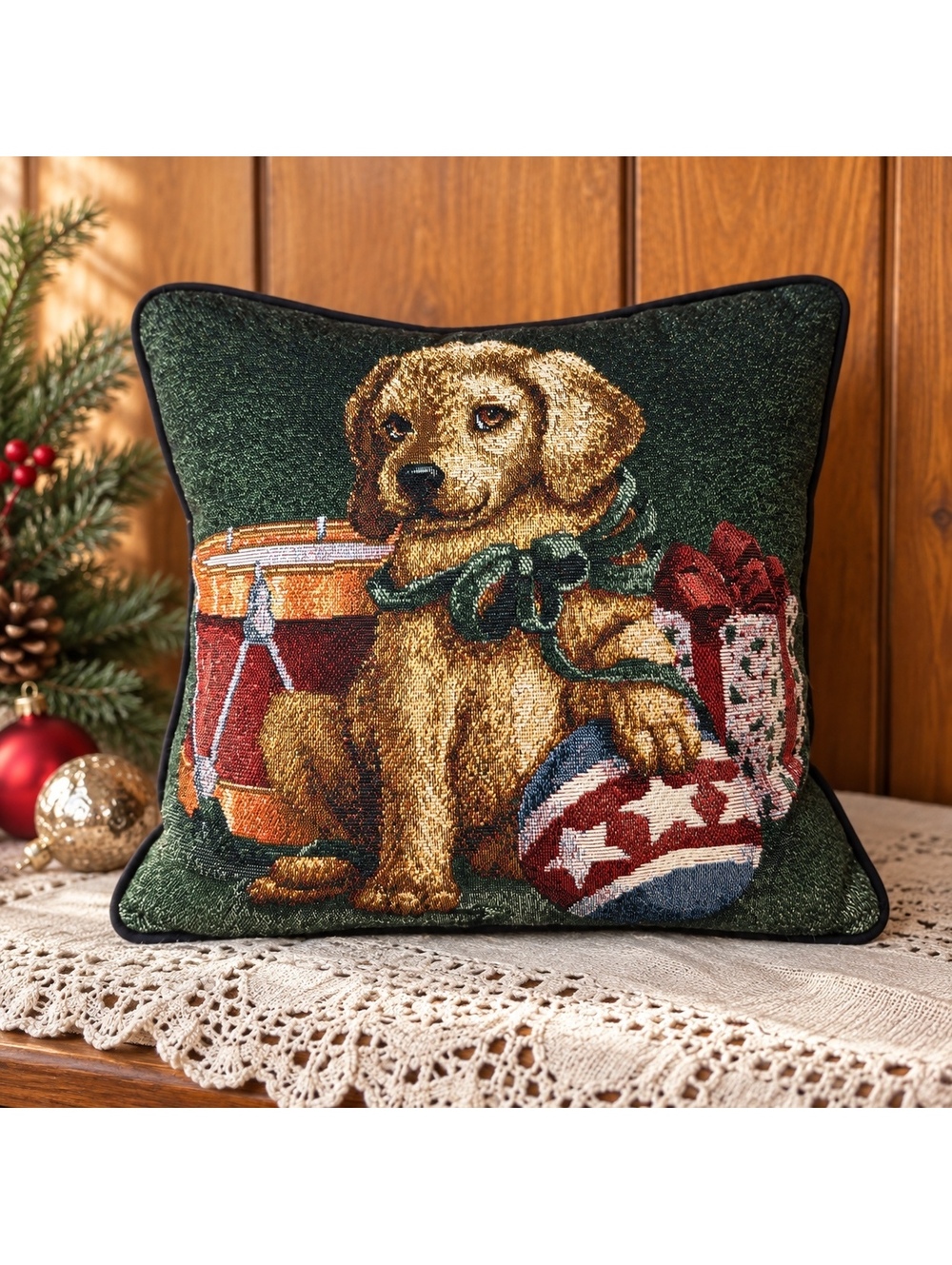 Vintage Christmas Puppy Tapestry Pillow Holiday Dog Accent Cushion 10x10